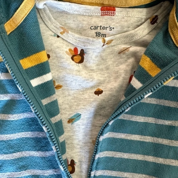 Carters 2 piece set. NWT. 18 months. Turkeys, pumpkins, acorns,pie,corn. - Picture 3 of 6